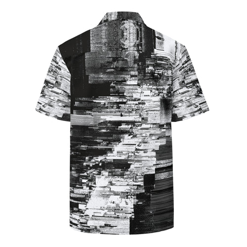 Men's short-sleeve button shirt in a black and white scan-line print, back view. Form Finding Design HIS Kinescope Glitch Print Shirt