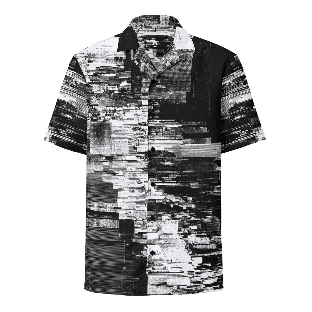 Men's short-sleeve button shirt in a black and white scan-line print, front view. Form Finding Design HIS Kinescope Glitch Print Shirt