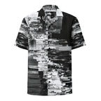 Men's short-sleeve button shirt in a black and white scan-line print, front view. Form Finding Design HIS Kinescope Glitch Print Shirt