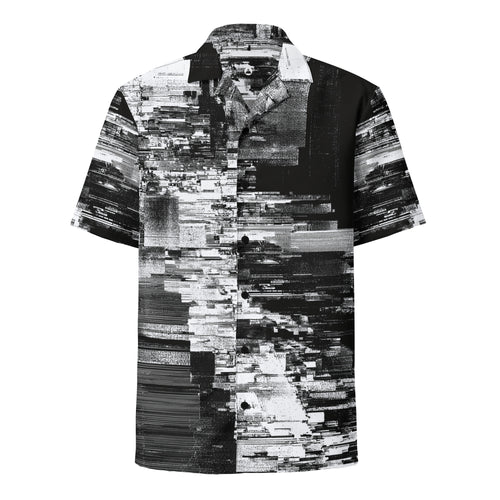 Men's short-sleeve button shirt in a black and white scan-line print, front view. Form Finding Design HIS Kinescope Glitch Print Shirt