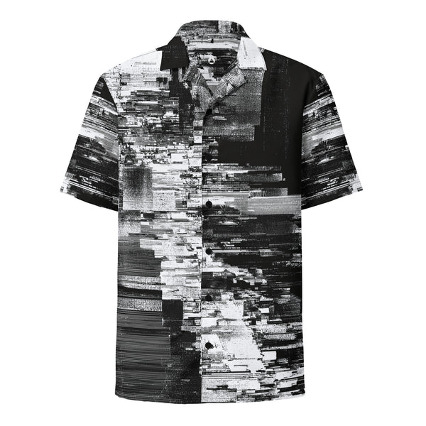 Men's short-sleeve button shirt in a black and white scan-line print, front view. Form Finding Design HIS Kinescope Glitch Print Shirt