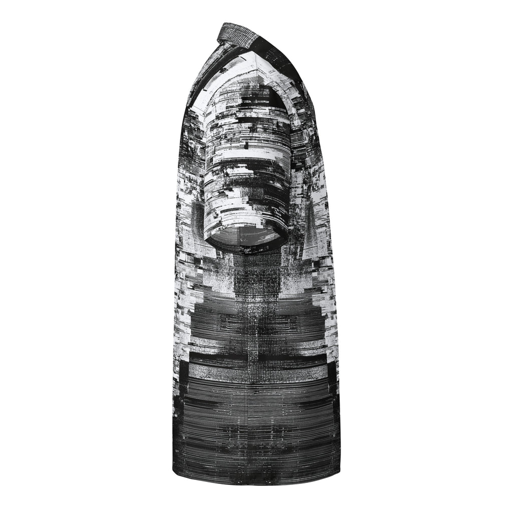 HIS Kinescope Glitch Print Shirt right side, showing the lighter banded section of the black and white print by Form Finding Design