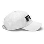 White cap, right angle, curved visor and adjustable strap, wordmark edge at front from Form Finding Design