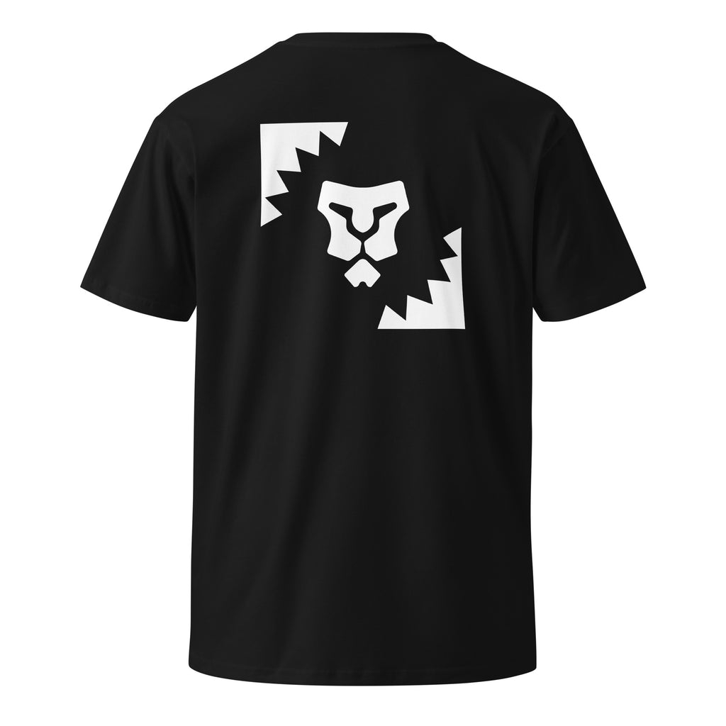 Back of a black Form Finding Design t-shirt: white lion mask between two sawtooth mane blocks set on a diagonal.