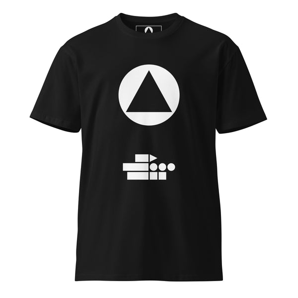 Black t-shirt front with the Form Finding Design logo above a row of geometric bar, wedge, circle and square marks.