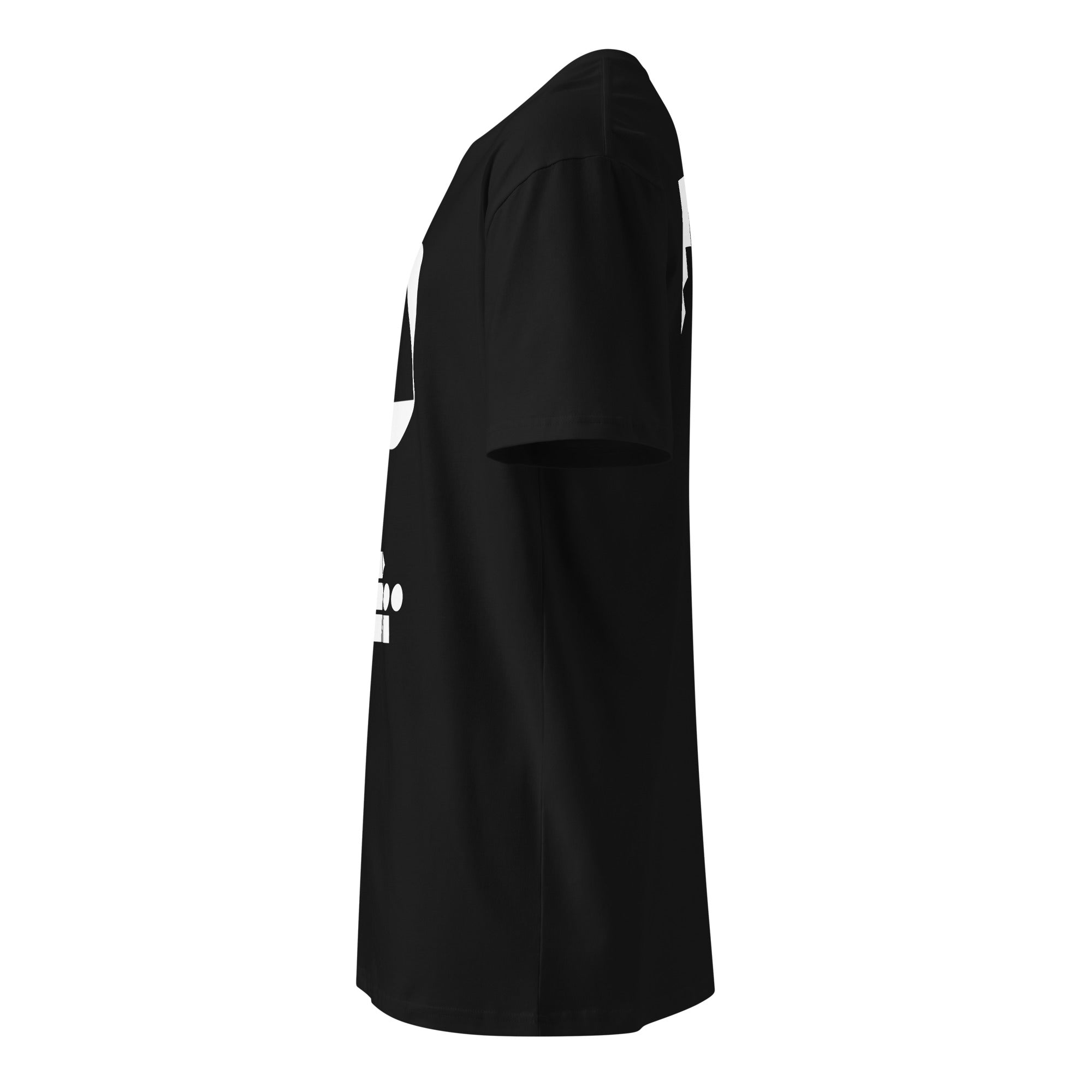 Left side view of a black crew neck t-shirt, showing the sleeve, side seam and edge of the white chest print from Form Finding Design.