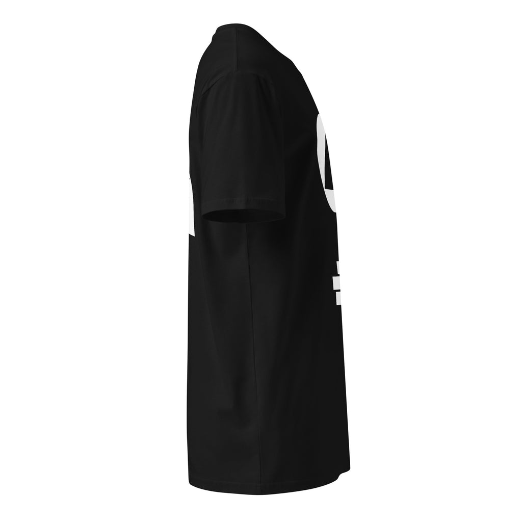 Right side view of a black crew neck t-shirt, showing the sleeve, side seam and edge of the white chest print from Form Finding Design.