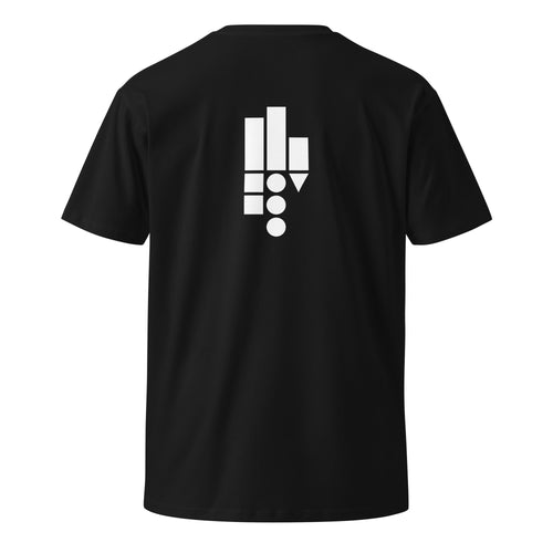 Black cotton t-shirt, back view, white geometric glyph of bars, squares, circles and a triangle across the upper back from Form Finding Design.