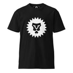 Form Finding Design black t-shirt, front view, white spiked lion's mane with the face left unprinted at its centre.