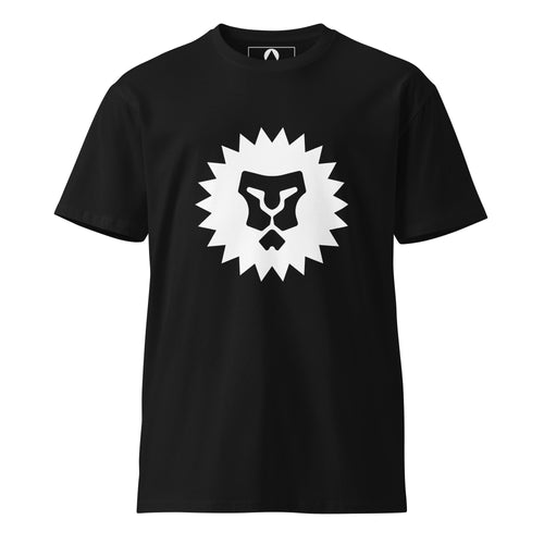 Form Finding Design black t-shirt, front view, white spiked lion's mane with the face left unprinted at its centre.