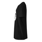 Black cotton t-shirt, left-side profile, showing the sleeve, side seam and the edge of the white chest seal from Form Finding Design.