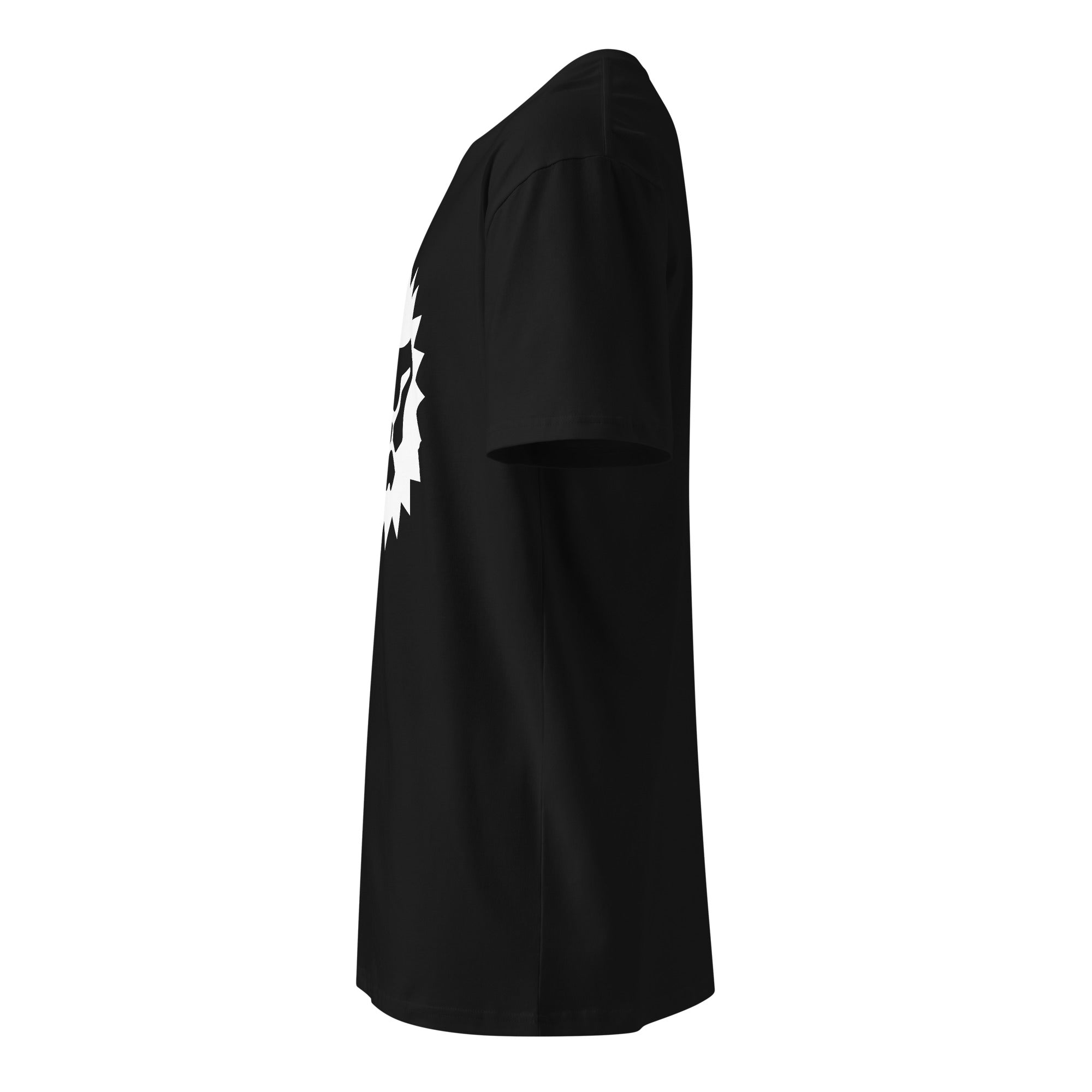 Black cotton t-shirt, left-side profile, showing the sleeve, side seam and the edge of the white chest seal from Form Finding Design.