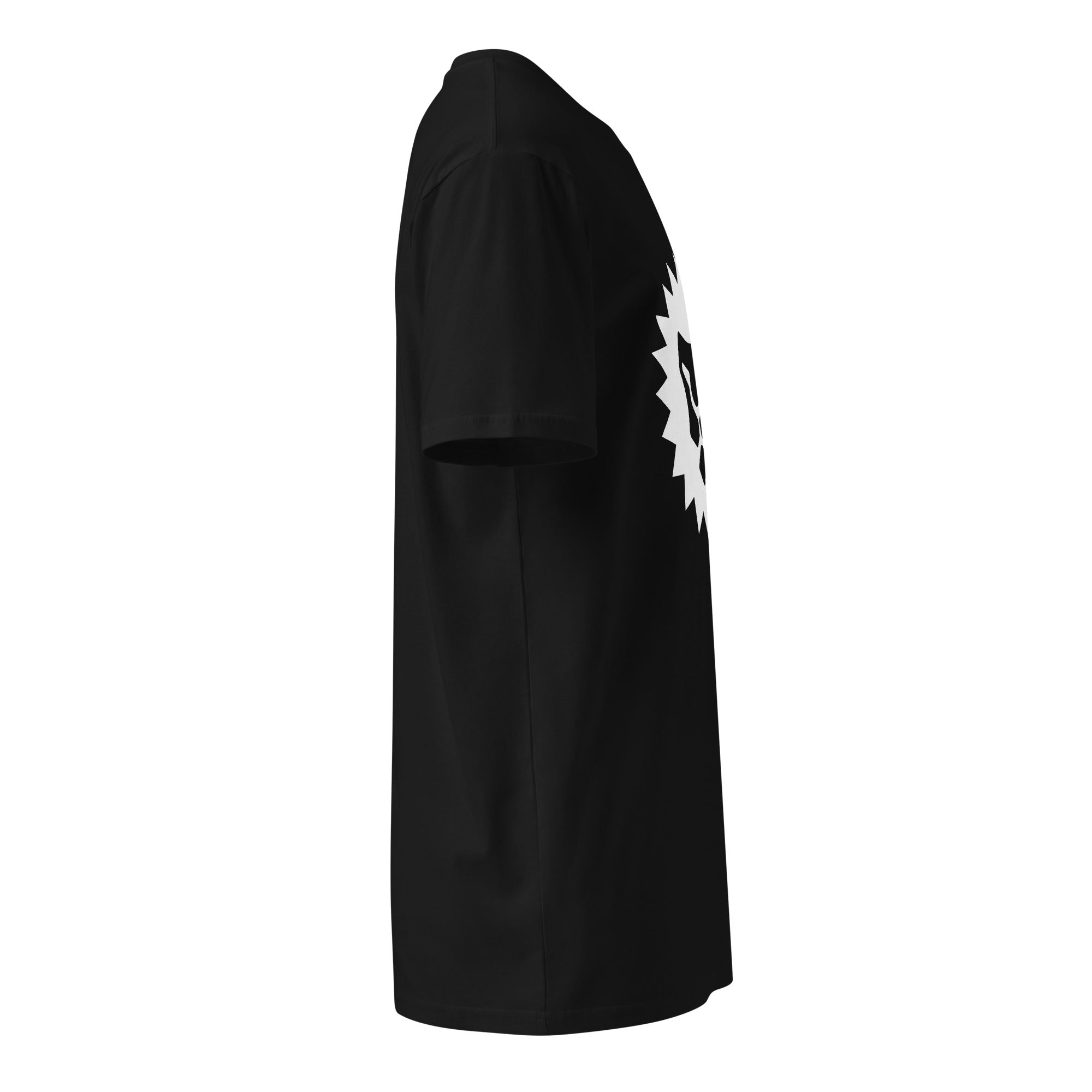 Black cotton t-shirt, right-side profile, showing the sleeve, side seam and the edge of the white chest seal from Form Finding Design.