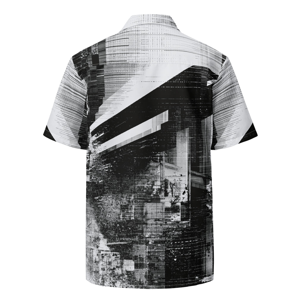 Monochrome glitch print shirt viewed from behind, sheared city artwork running across the back and hem. Form Finding Design HIS Overscan Glitch Print Shirt