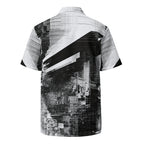 Monochrome glitch print shirt viewed from behind, sheared city artwork running across the back and hem. Form Finding Design HIS Overscan Glitch Print Shirt