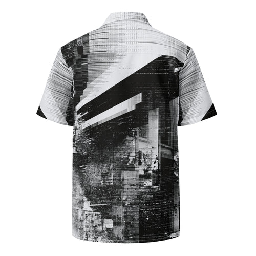 Monochrome glitch print shirt viewed from behind, sheared city artwork running across the back and hem. Form Finding Design HIS Overscan Glitch Print Shirt