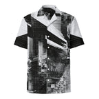Monochrome glitch print camp collar shirt, front view, black and white sheared city print — Form Finding Design