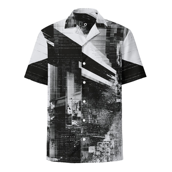 Monochrome glitch print camp collar shirt, front view, black and white sheared city print — Form Finding Design