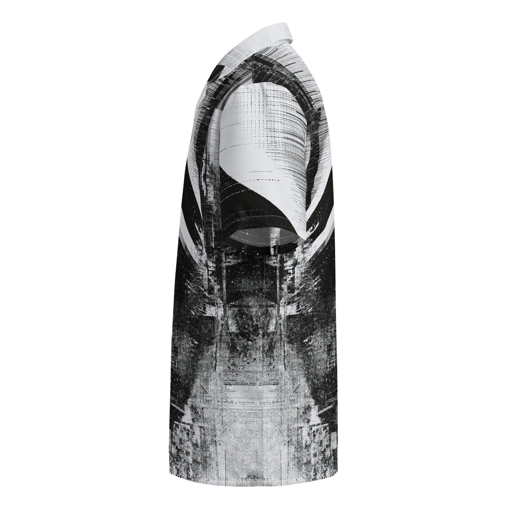 HIS Overscan Glitch Print Shirt, A one-shoulder tunic dress featuring a black and white abstract graphic print, shown against a plain white background  by Form Finding Design