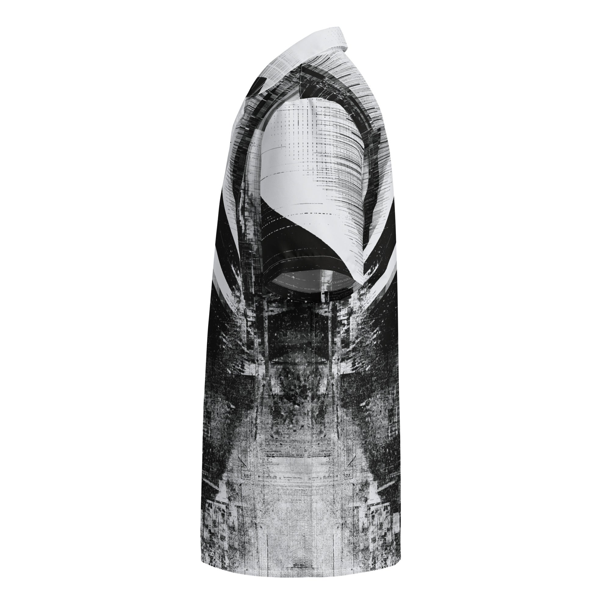 HIS Overscan Glitch Print Shirt, A one-shoulder tunic dress featuring a black and white abstract graphic print, shown against a plain white background  by Form Finding Design