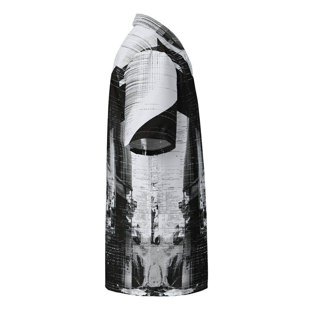 HIS Overscan Glitch Print Shirt with an abstract black and white architectural print, displayed on a clean white background by Form Finding Design