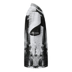HIS Overscan Glitch Print Shirt with an abstract black and white architectural print, displayed on a clean white background by Form Finding Design