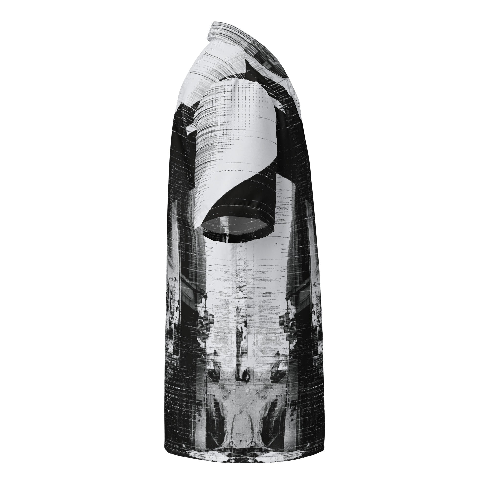HIS Overscan Glitch Print Shirt with an abstract black and white architectural print, displayed on a clean white background by Form Finding Design