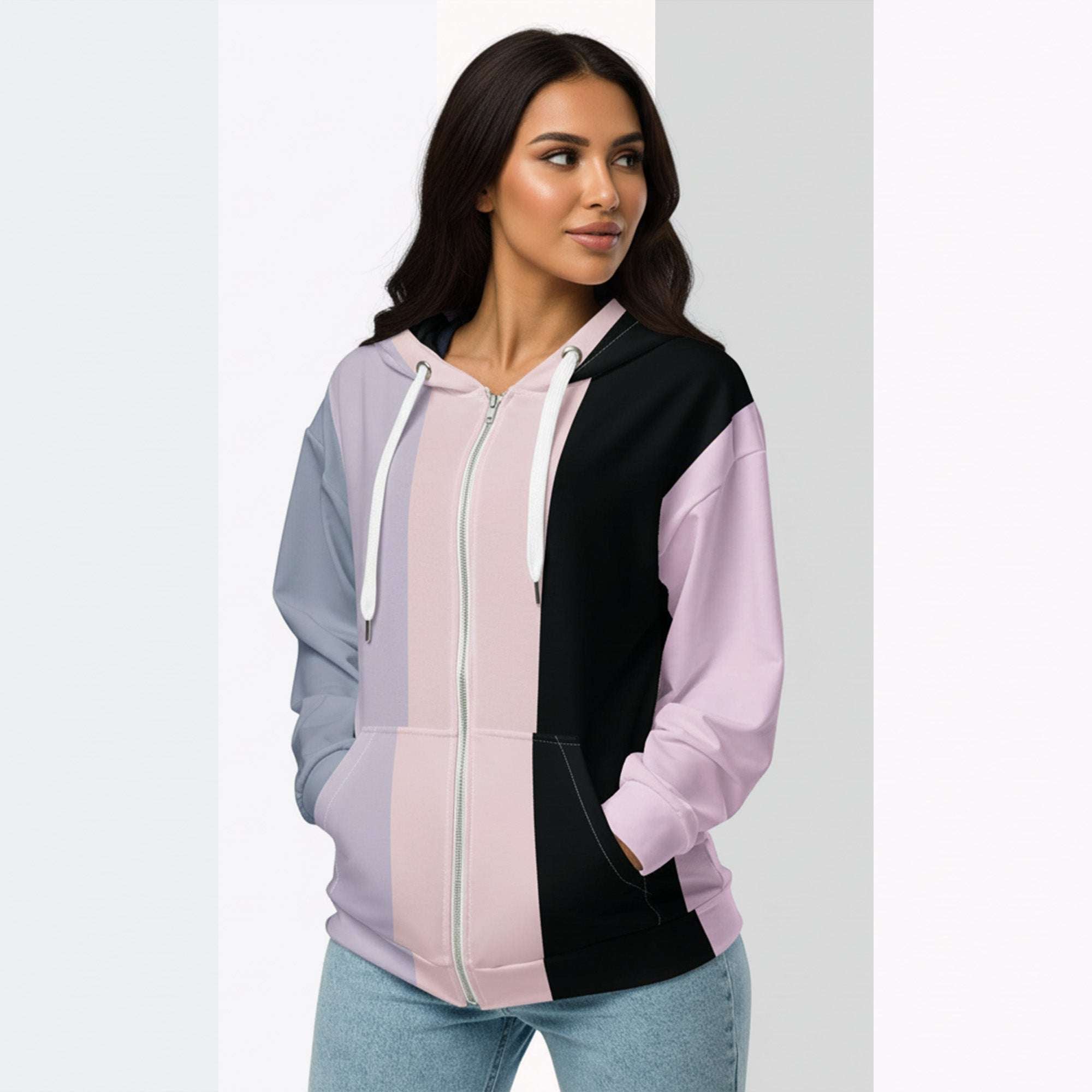 Three‑quarter side view of the second woman wearing the Her Palette Strip Hoodie No. 11; pastel vertical stripes accent the body and sleeves, lavender hood and white drawstrings, pastel striped backdrop, pocket detail visible from Form Finding Design.