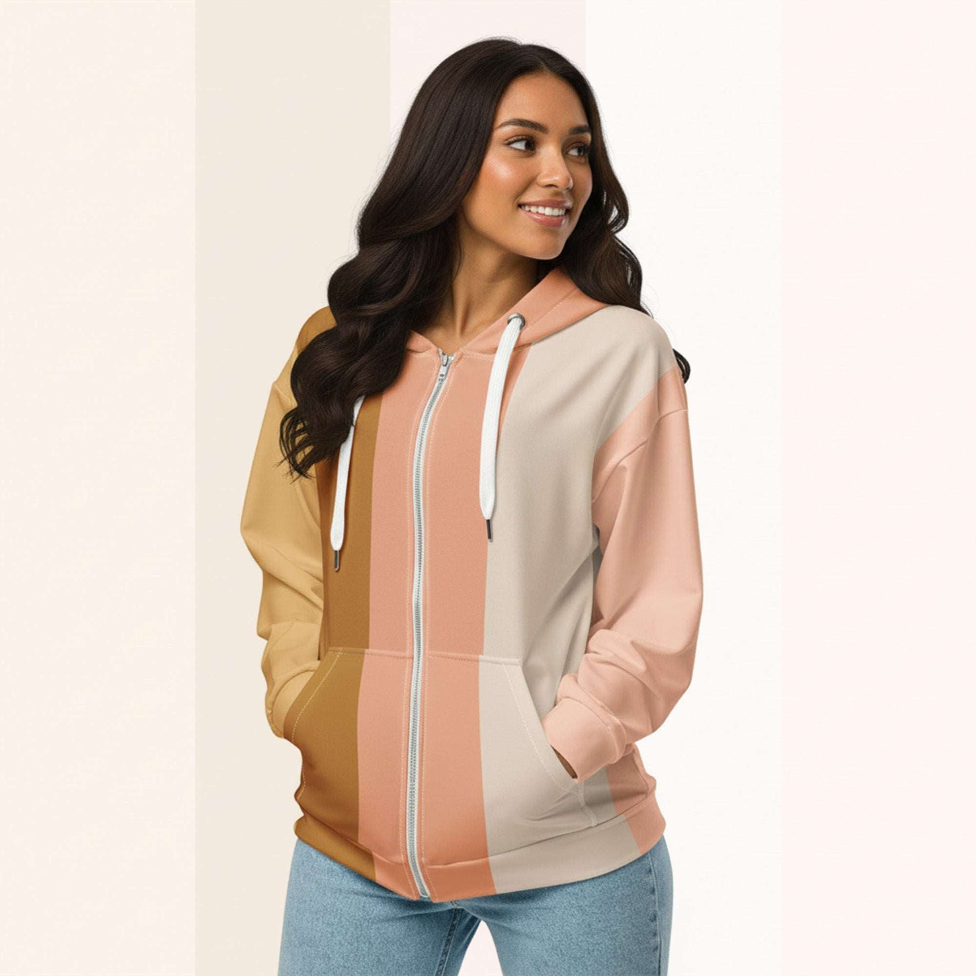 Three‑quarter side view of the second woman wearing the Her Palette Strip Hoodie No. 15; pastel vertical stripes accent the body and sleeves, lavender hood and white drawstrings, pastel striped backdrop, pocket detail visible from Form Finding Design.