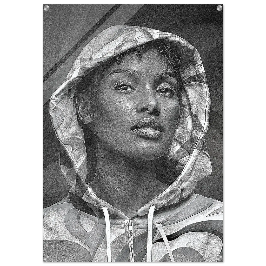 A black and white graphic art print or poster featuring a detailed pencil-style portrait of a woman wearing a hooded sweatshirt, shown against a plain white background.