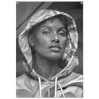 A black and white graphic art print or poster featuring a detailed pencil-style portrait of a woman wearing a hooded sweatshirt, shown against a plain white background.
