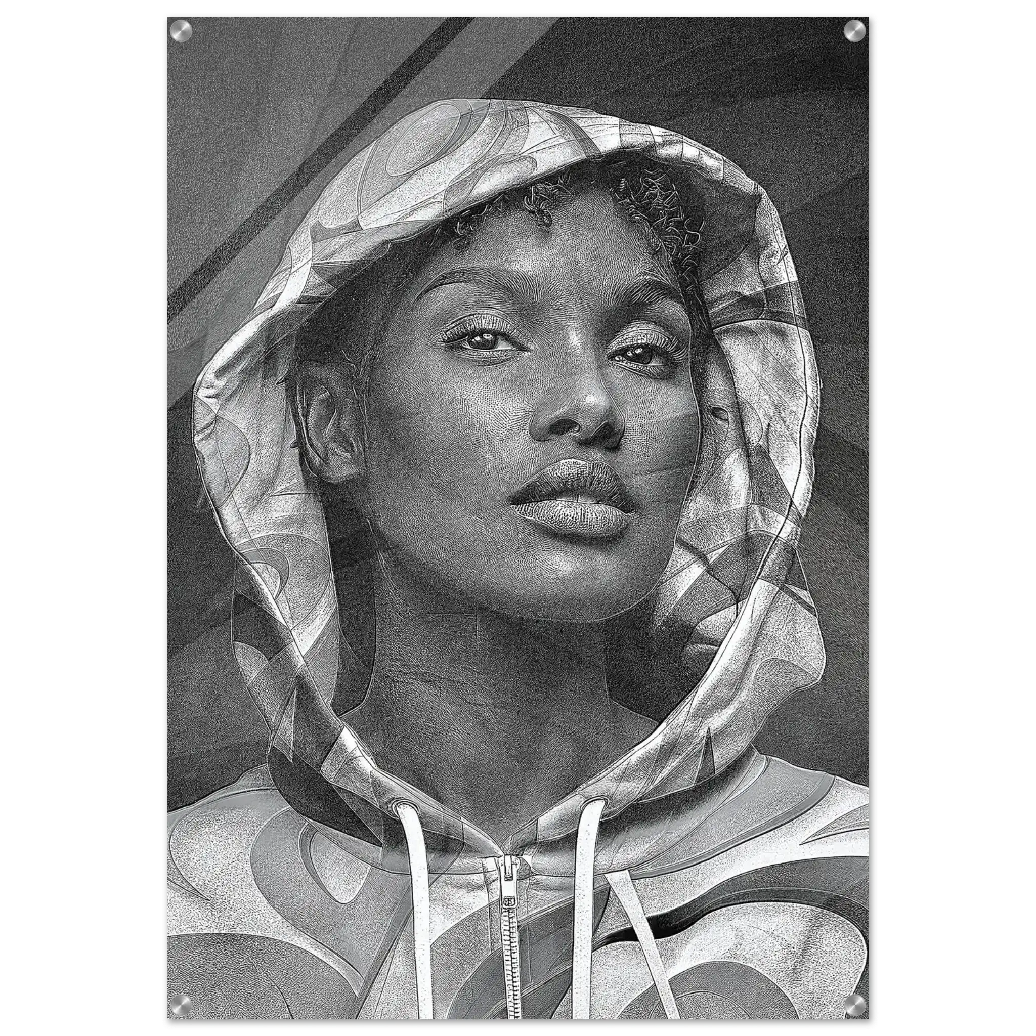 A black and white graphic art print or poster featuring a detailed pencil-style portrait of a woman wearing a hooded sweatshirt, shown against a plain white background.