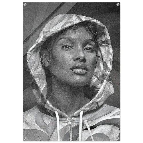 A black and white graphic art print or poster featuring a detailed pencil-style portrait of a woman wearing a hooded sweatshirt, shown against a plain white background.