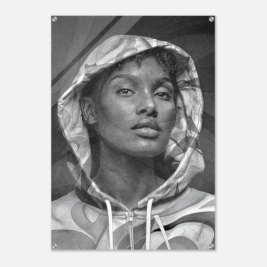 A black and white portrait print of a woman wearing a hooded sweatshirt, shown as a rectangular artwork with rounded corners on a light gray background.