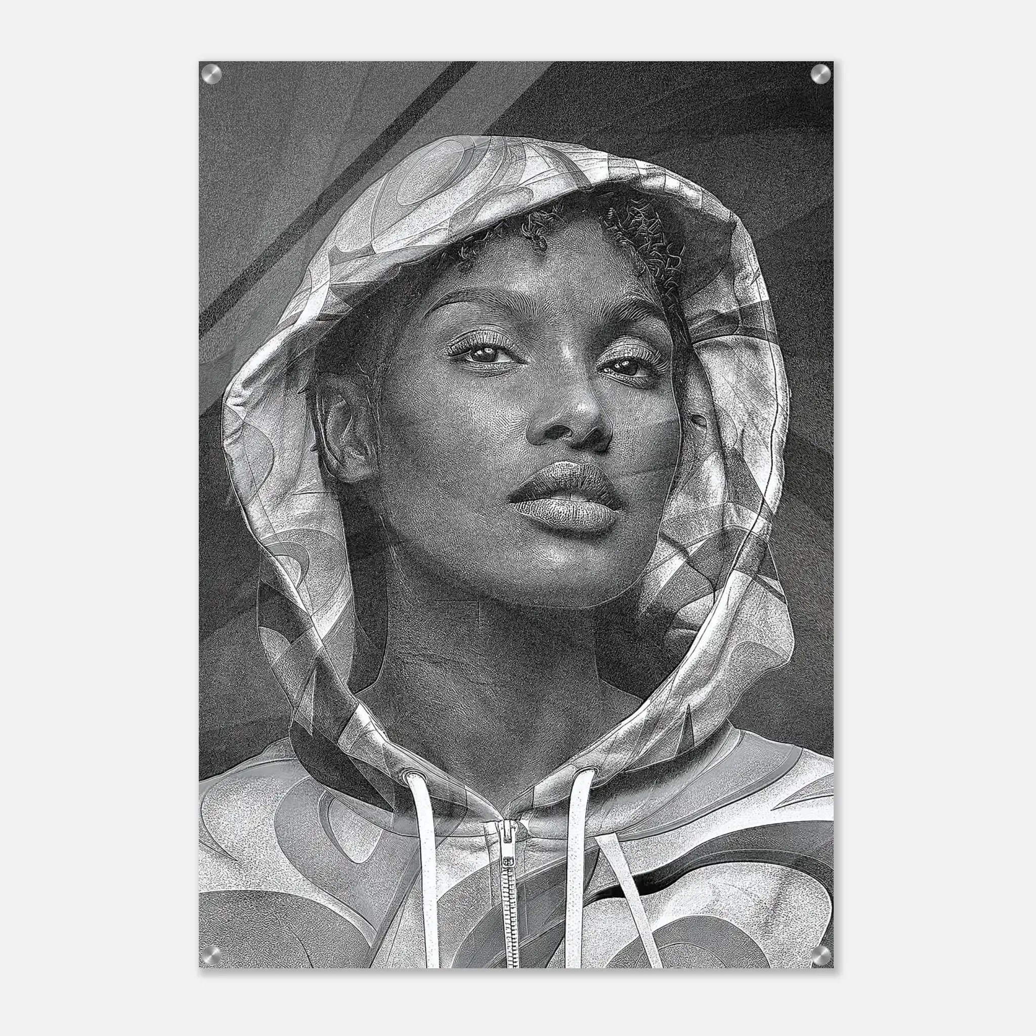 A black and white portrait print of a woman wearing a hooded sweatshirt, shown as a rectangular artwork with rounded corners on a light gray background.