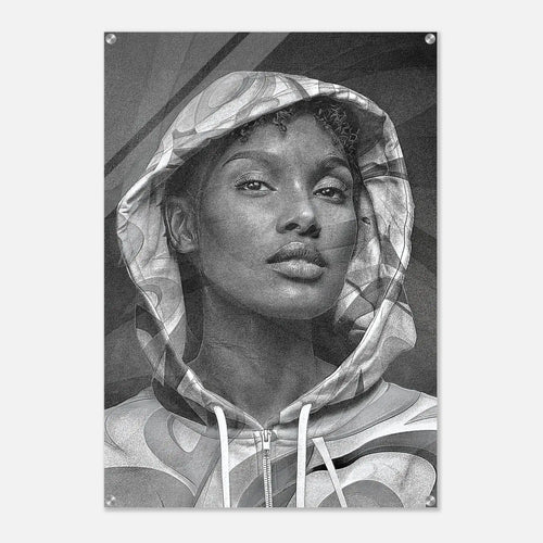 A black and white portrait print of a woman wearing a hooded sweatshirt, shown as a rectangular artwork with rounded corners on a light gray background.