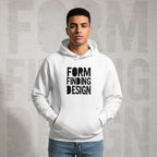 Front lifestyle portrait of male model wearing Form Finding Design Men’s Signature Hoodie (FFD-07), white—bold black square logo print, drawstring hood and pouch pocket, styled with blue jeans.