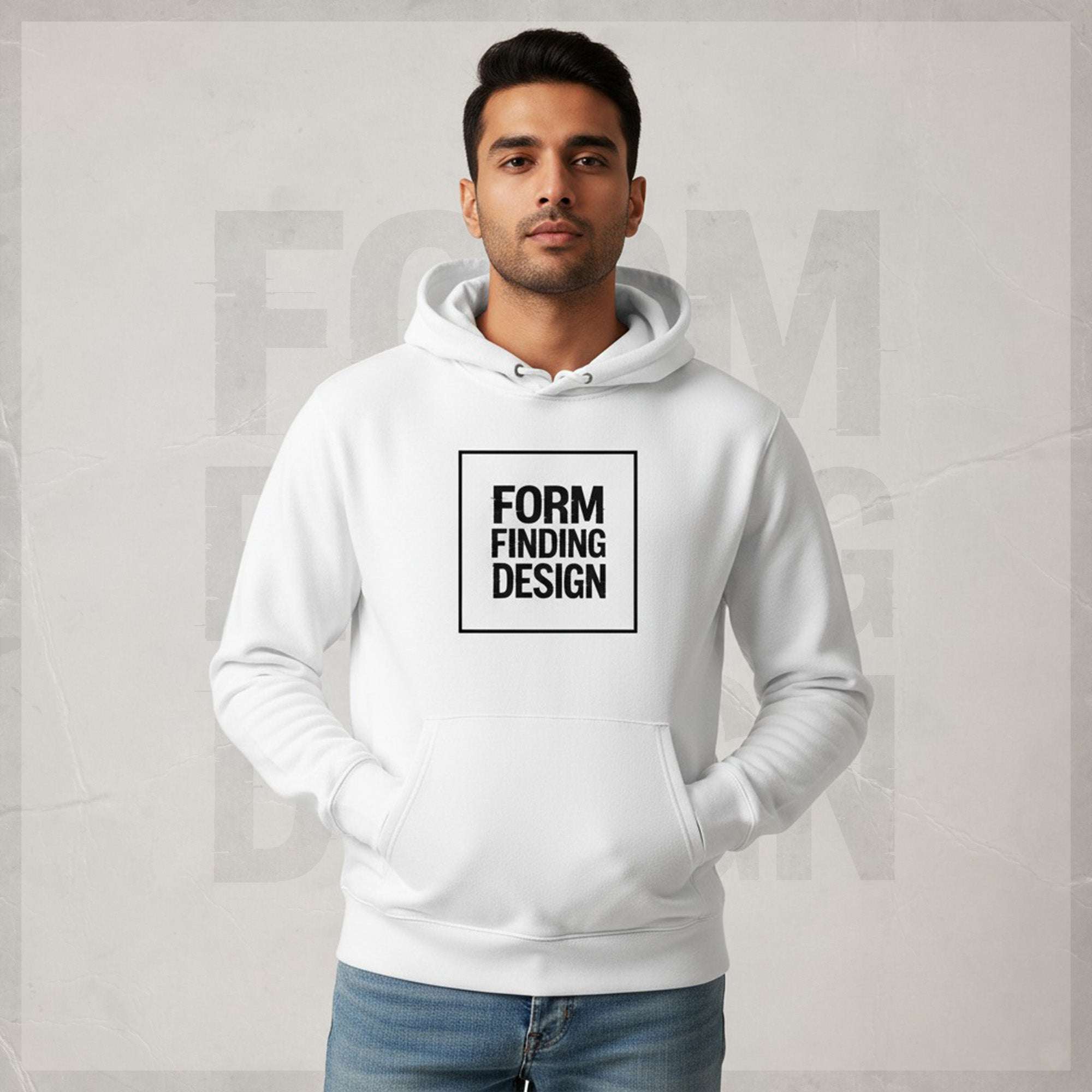 Front lifestyle portrait of male model wearing Form Finding Design Men’s Signature Hoodie (FFD-17), white—bold black square logo print, drawstring hood and pouch pocket, styled with blue jeans.