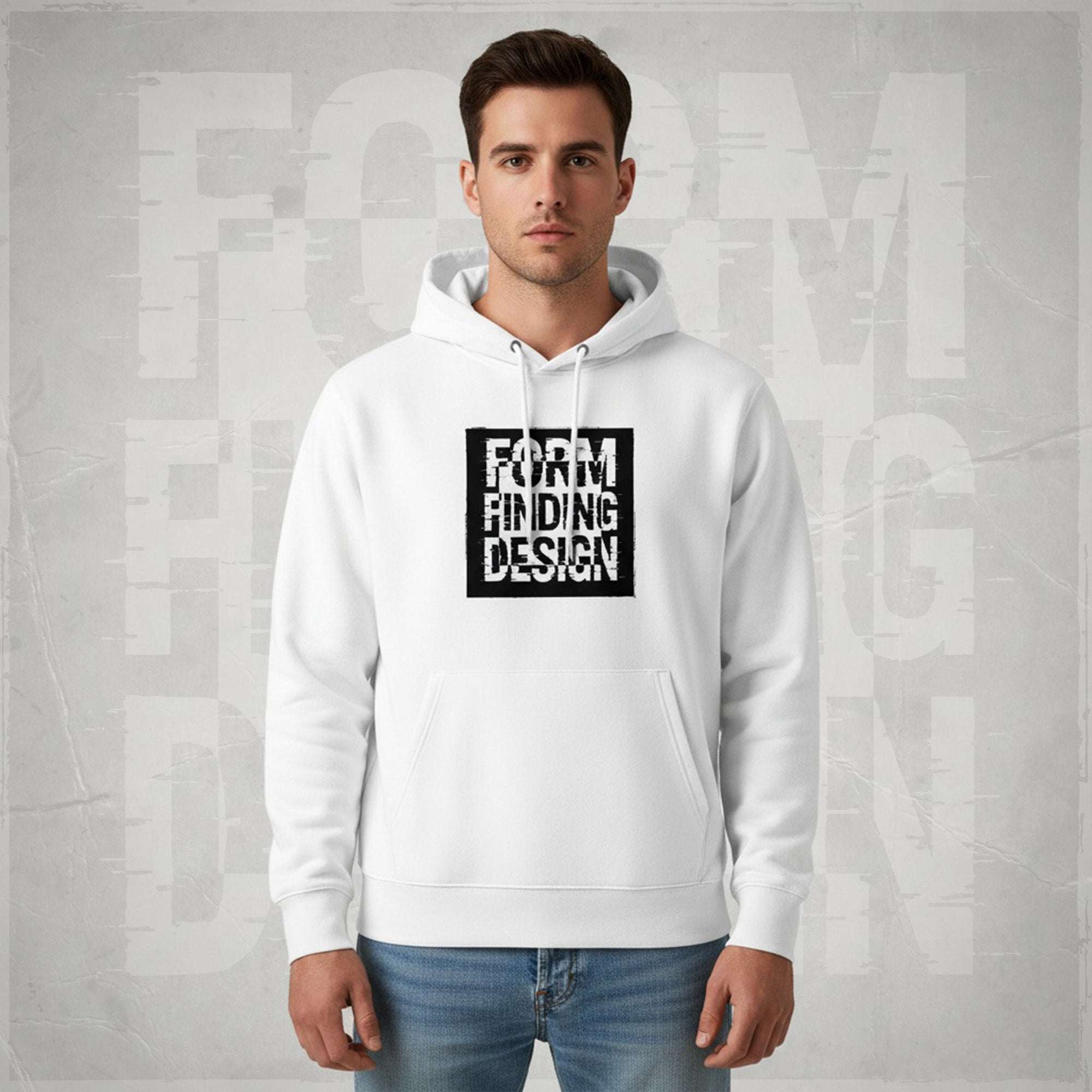 Front lifestyle portrait of male model wearing Form Finding Design Men’s Signature Hoodie, white—bold black square logo print, drawstring hood and pouch pocket, styled with blue jeans.