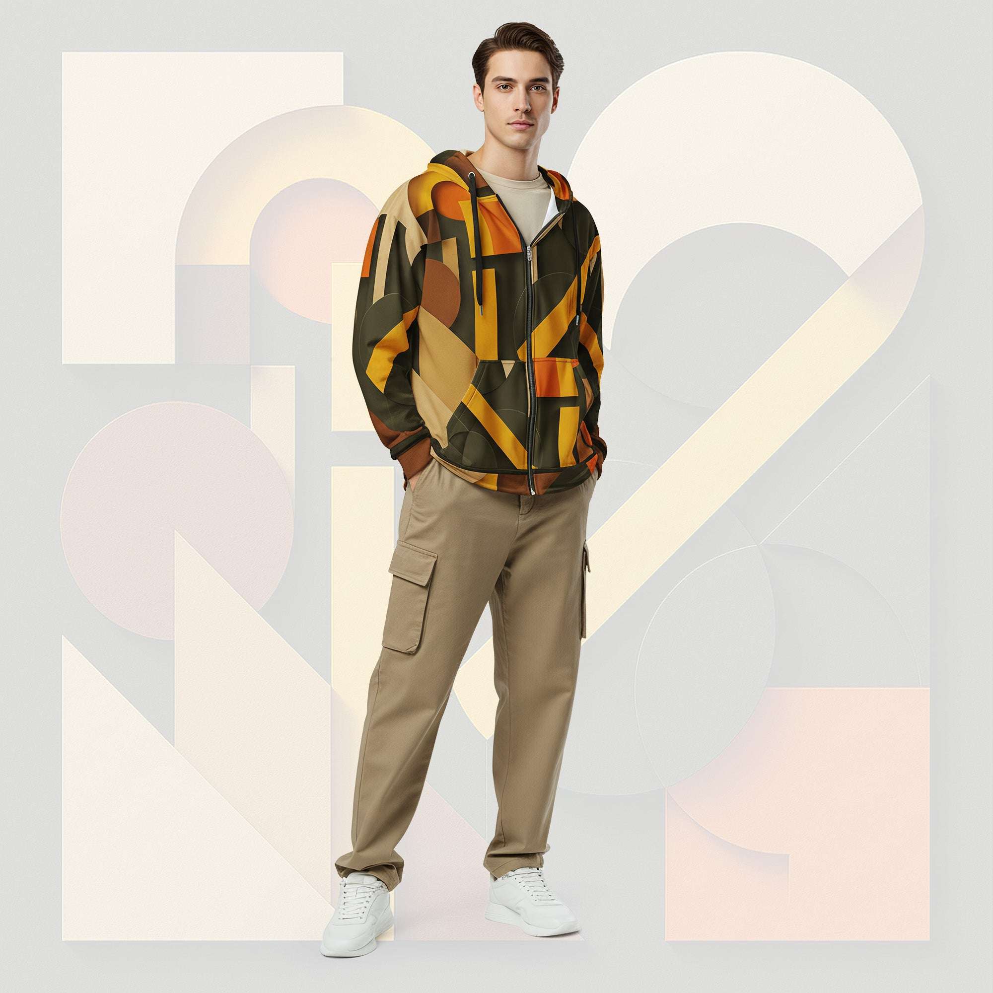 Male model wearing Form Finding Design Men’s Urban Utility Hoodie (No.06), front lifestyle portrait—earth-inspired geometric block print zip hoodie with kangaroo pockets and black drawstrings, styled with tan cargo trousers, minimalist architectural background.