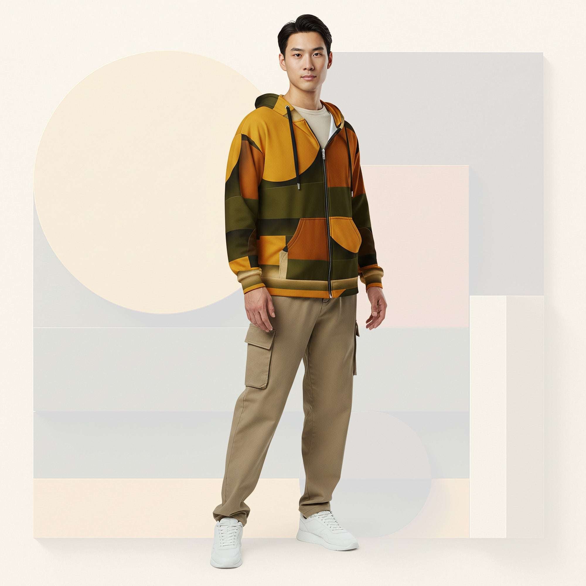 Lifestyle image of male model in Form Finding Design Men’s Urban Utility Hoodie (No.09), three-quarter stance—designer earth-palette geometric print highlighted across chest and sleeves, zip-front hoodie, neutral modern studio backdrop.