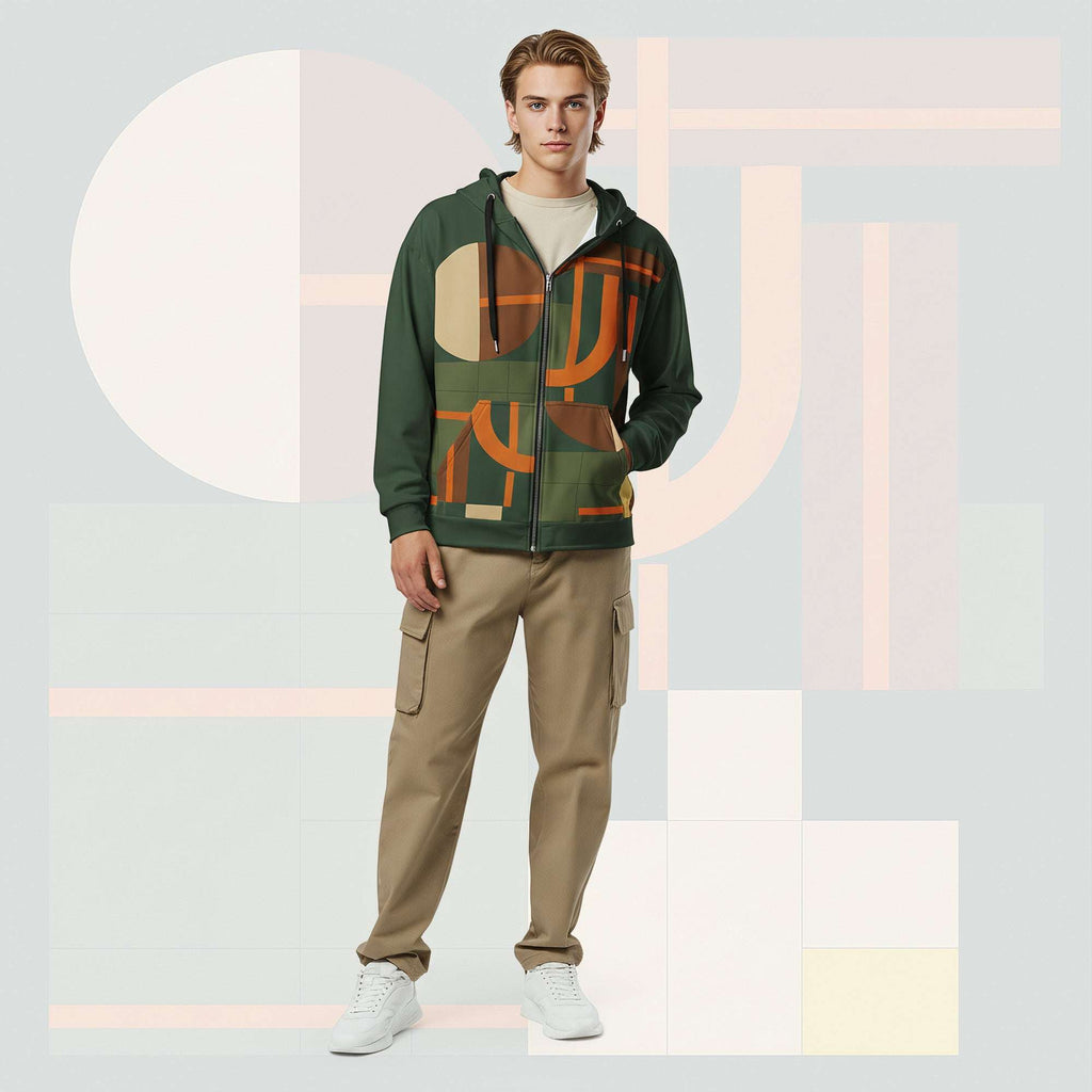 Lifestyle image of male model in Form Finding Design Men’s Urban Utility Hoodie (No.11), three-quarter stance—designer earth-palette geometric print highlighted across chest and sleeves, zip-front hoodie, neutral modern studio backdrop.