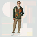 Lifestyle image of male model in Form Finding Design Men’s Urban Utility Hoodie (No.11), three-quarter stance—designer earth-palette geometric print highlighted across chest and sleeves, zip-front hoodie, neutral modern studio backdrop.