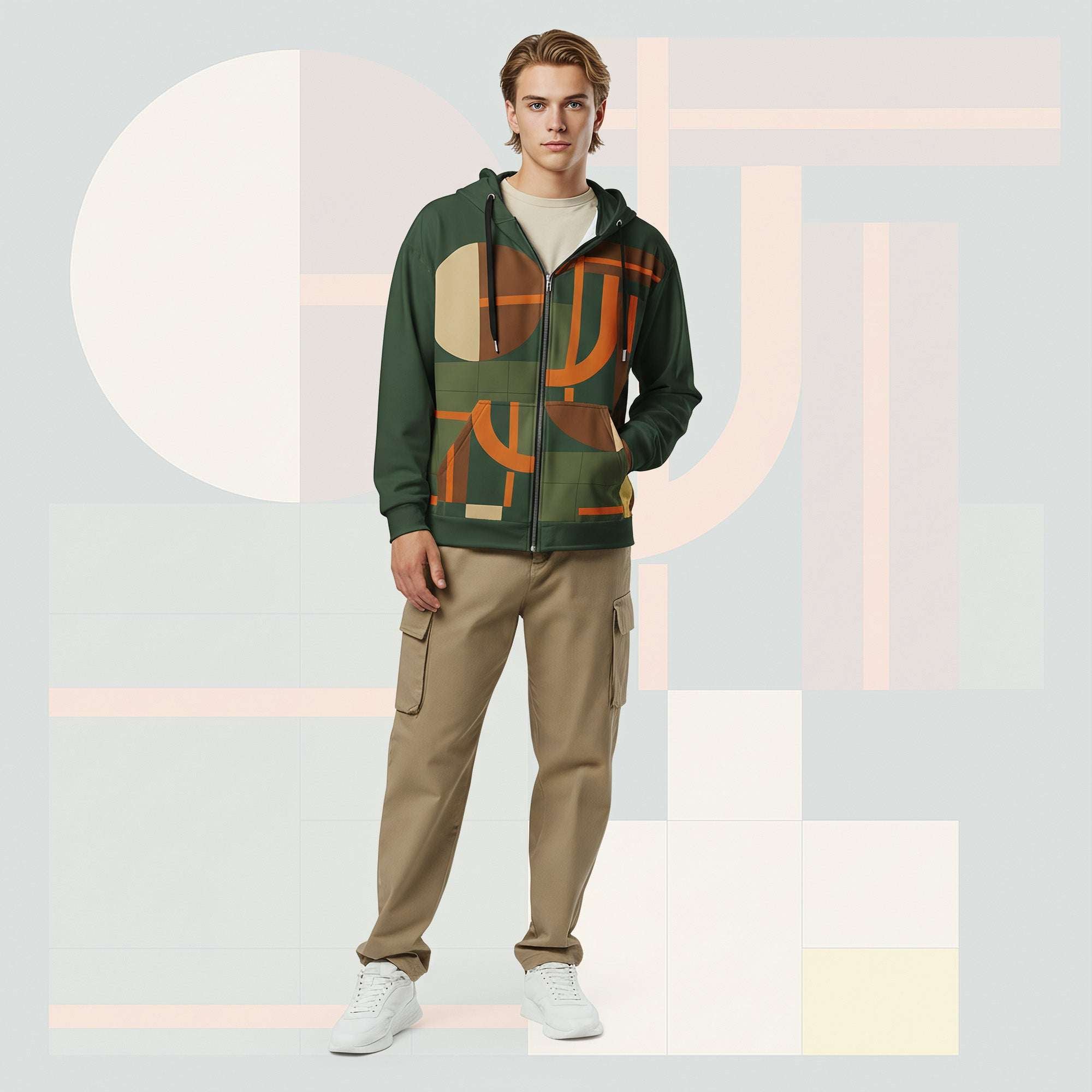 Lifestyle image of male model in Form Finding Design Men’s Urban Utility Hoodie (No.11), three-quarter stance—designer earth-palette geometric print highlighted across chest and sleeves, zip-front hoodie, neutral modern studio backdrop.