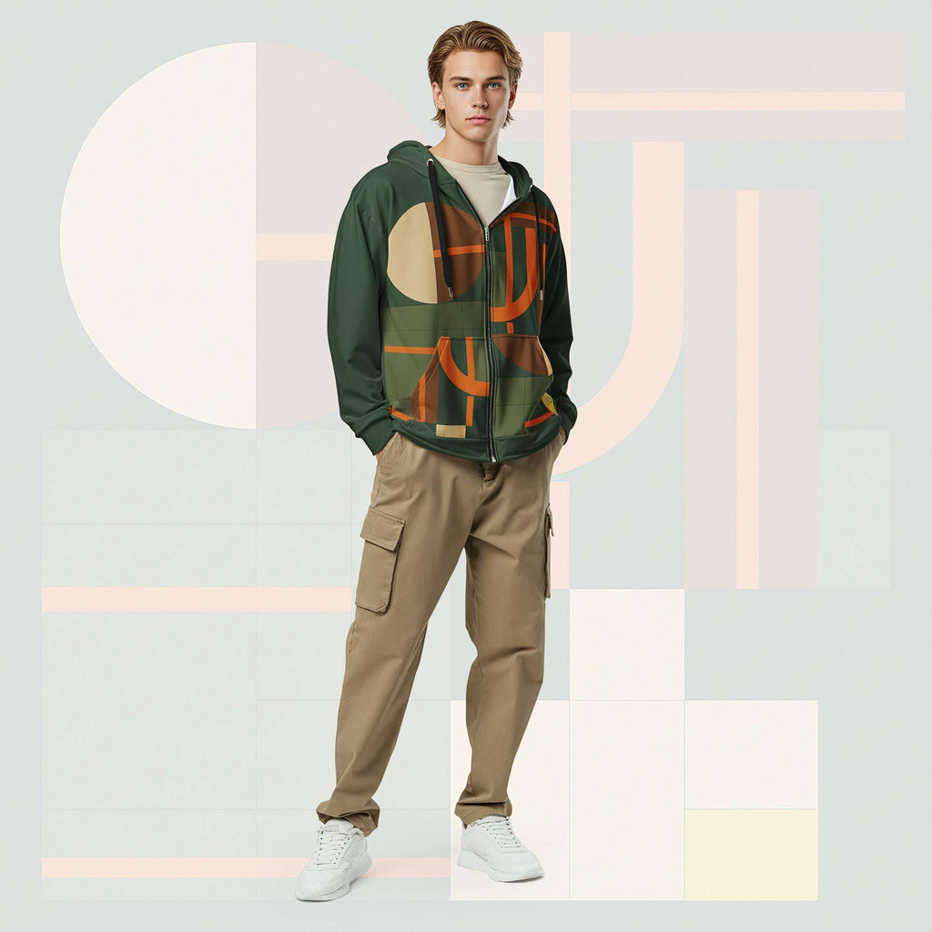 Male model wearing Form Finding Design Men’s Urban Utility Hoodie (No.11), front lifestyle portrait—earth-inspired geometric block print zip hoodie with kangaroo pockets and black drawstrings, styled with tan cargo trousers, minimalist architectural background.
