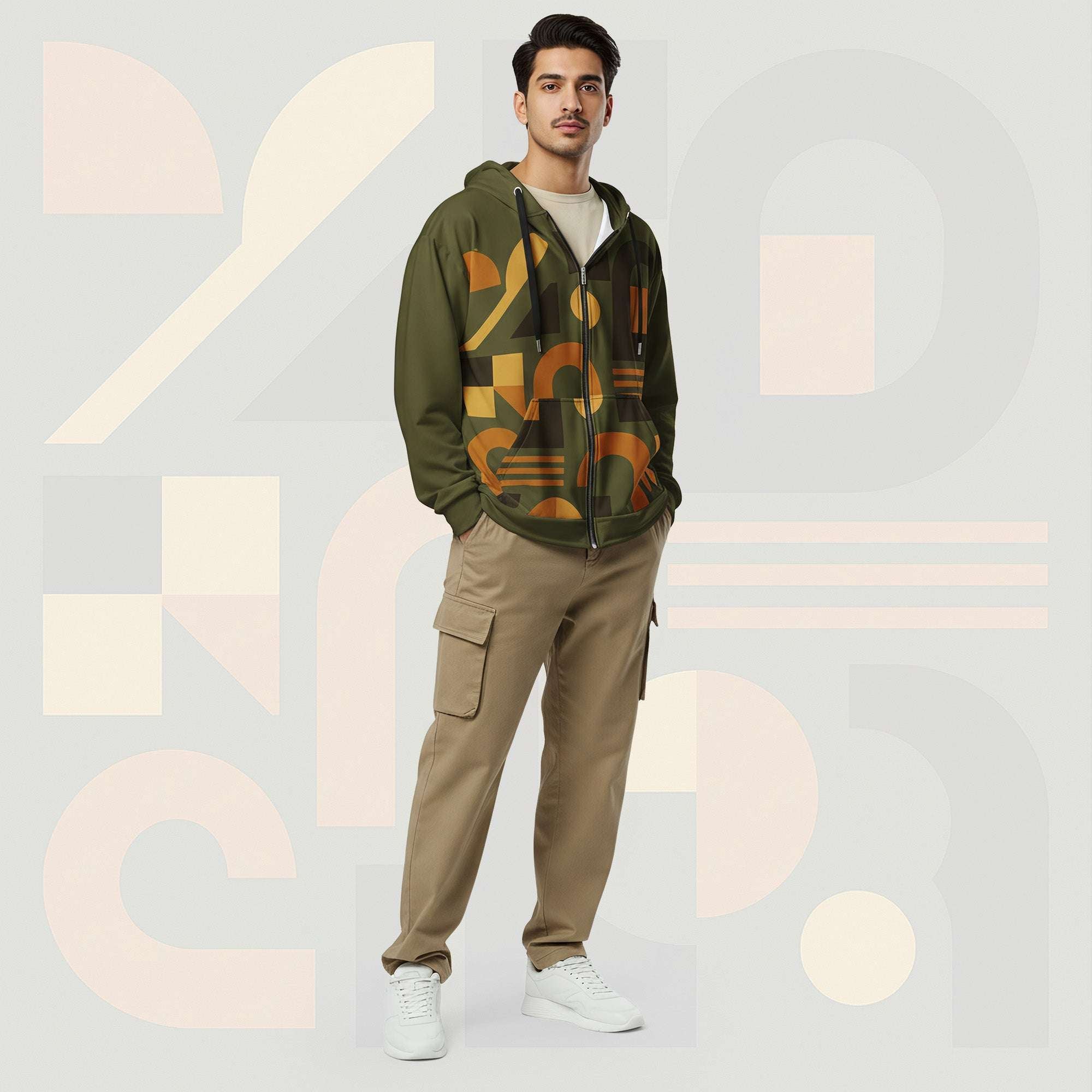 Male model wearing Form Finding Design Men’s Urban Utility Hoodie (No.13), front lifestyle portrait—earth-inspired geometric block print zip hoodie with kangaroo pockets and black drawstrings, styled with tan cargo trousers, minimalist architectural background.