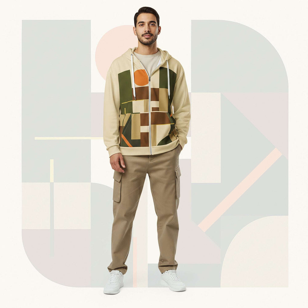 Lifestyle image of male model in Form Finding Design Men’s Urban Utility Hoodie (No.18), three-quarter stance—designer earth-palette geometric print highlighted across chest and sleeves, zip-front hoodie, neutral modern studio backdrop.
