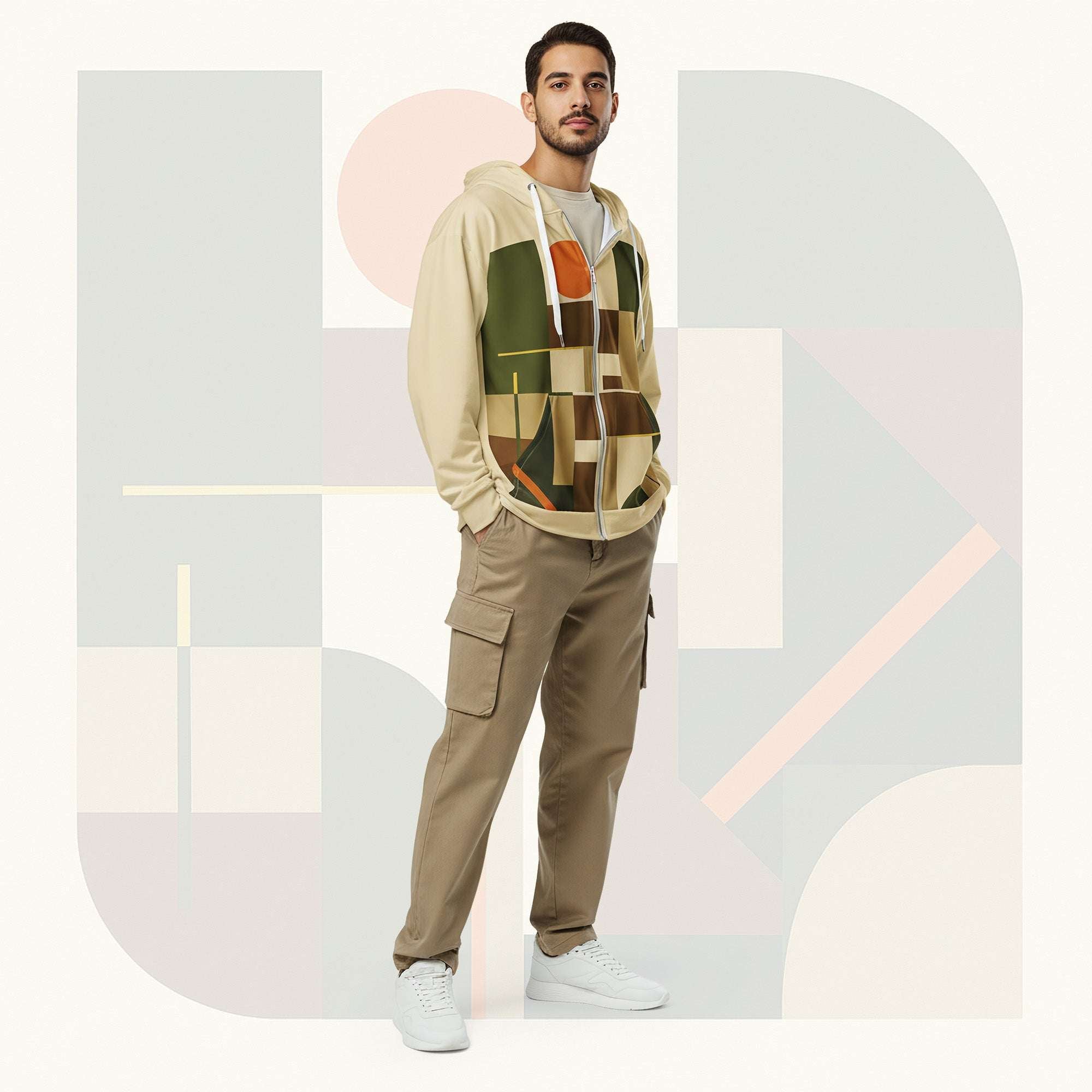 Male model wearing Form Finding Design Men’s Urban Utility Hoodie (No.18), front lifestyle portrait—earth-inspired geometric block print zip hoodie with kangaroo pockets and black drawstrings, styled with tan cargo trousers, minimalist architectural background.