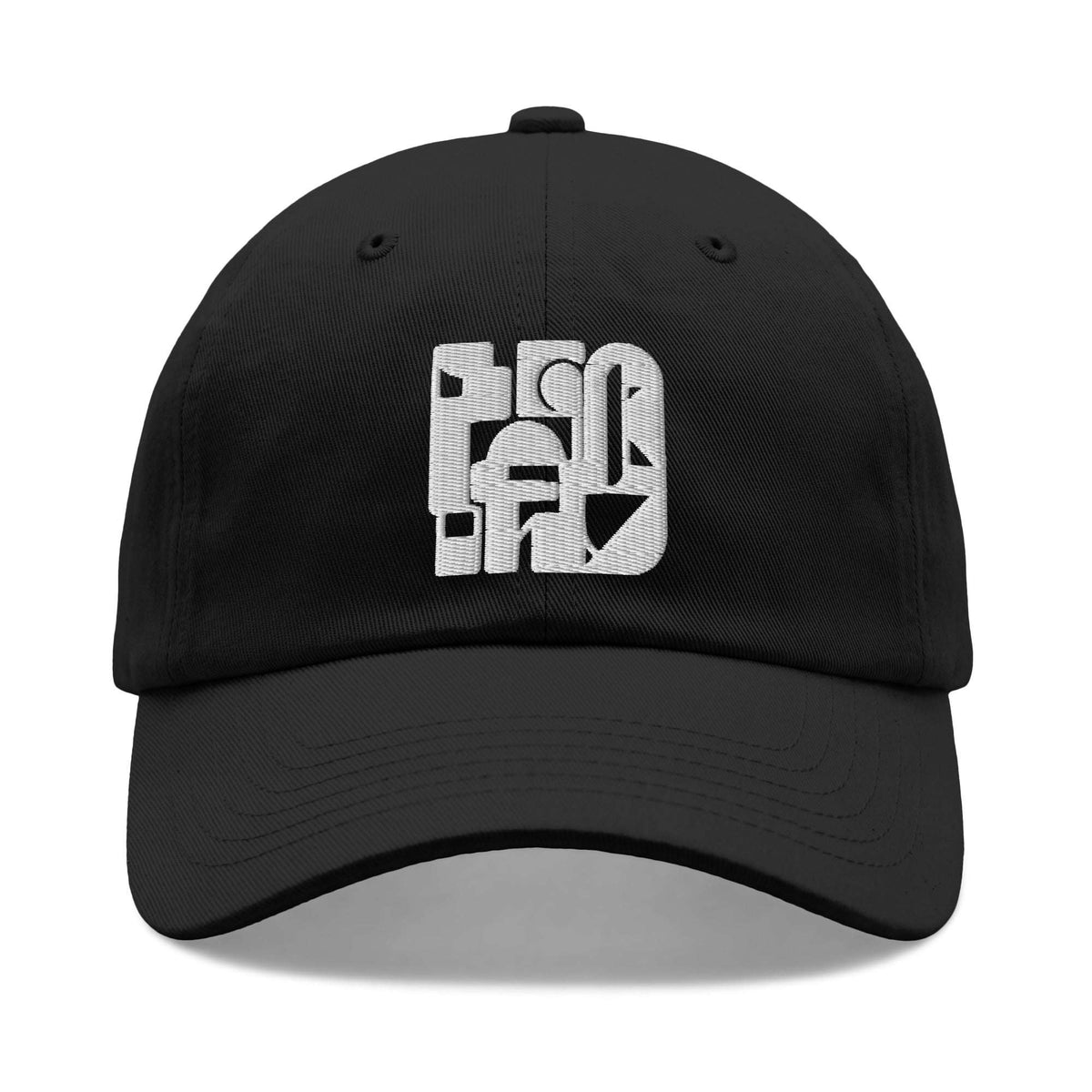 A black baseball cap with a white geometric embroidered logo on the front, shown against a plain white background.