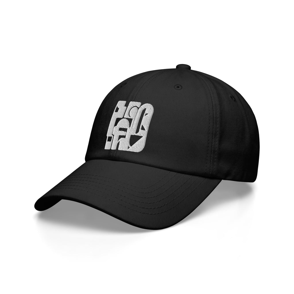 Black cap with a graphic character logo on a white background